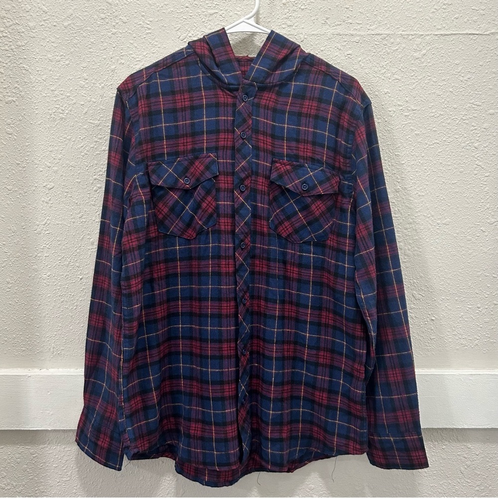 CHOMP Red and Blue Hooded Flannel Button Down M